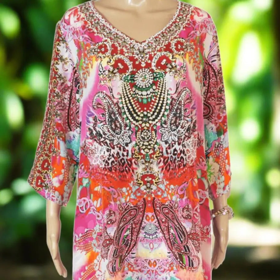 Tegan Silk Hand beaded Tunic Dress by Fashion Spectrum - Kaftans that Bling