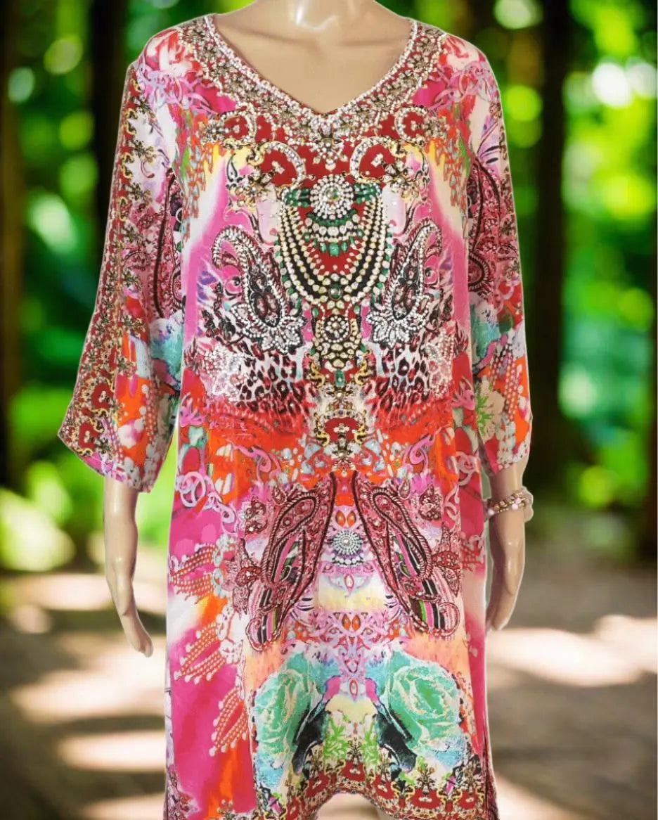 Tegan Silk Hand beaded Tunic Dress by Fashion Spectrum - Kaftans that Bling