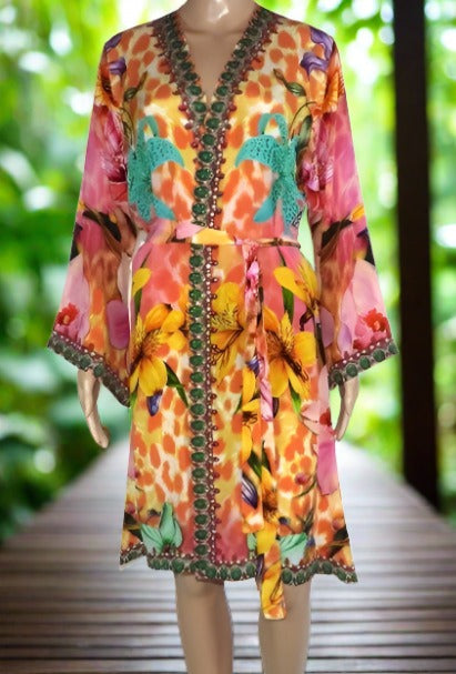 Hibiscus Short Silk Kimono by Kaftans that Bling - Kaftans that Bling