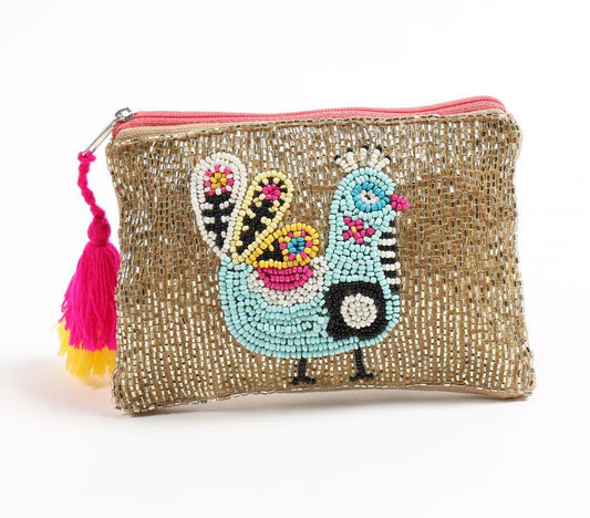 Quirky peacock beaded & tasseled bling pouch - Kaftans that Bling