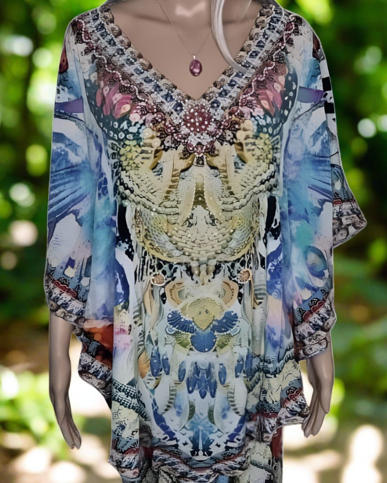 Paradise blue silk butterfly top - Kaftans that Bling