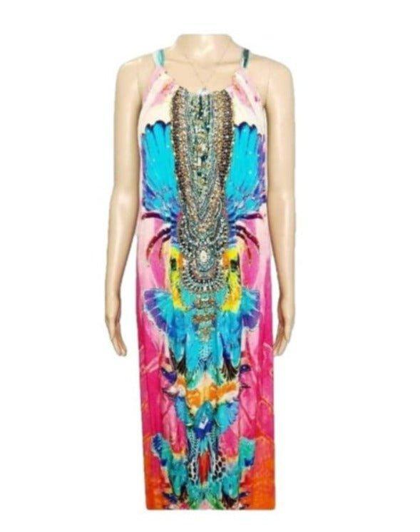 Cancun long silk maxi strap dress - pink - Kaftans that Bling
