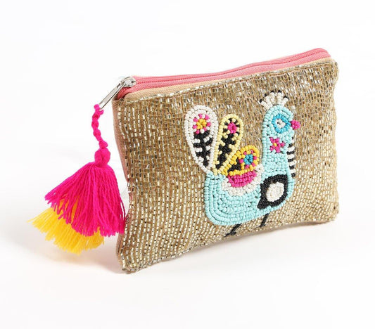 Quirky peacock beaded & tasseled bling pouch - Kaftans that Bling