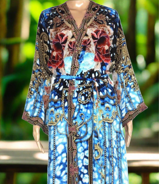 Short Silk Kimono - Starlight Aqua by Kaftans that Bling - Kaftans that Bling