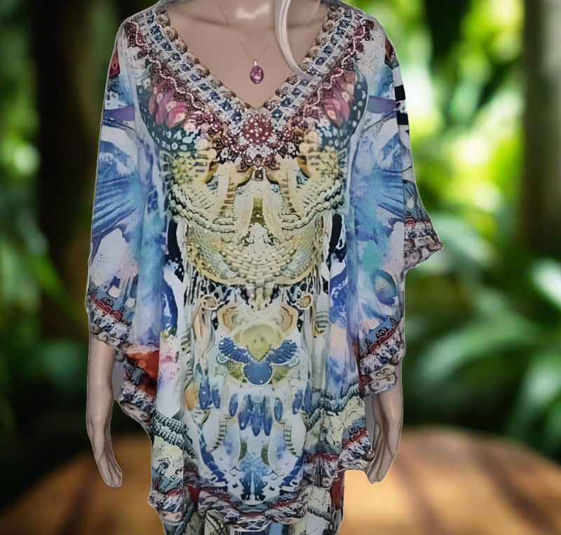 Paradise blue silk butterfly top - Kaftans that Bling