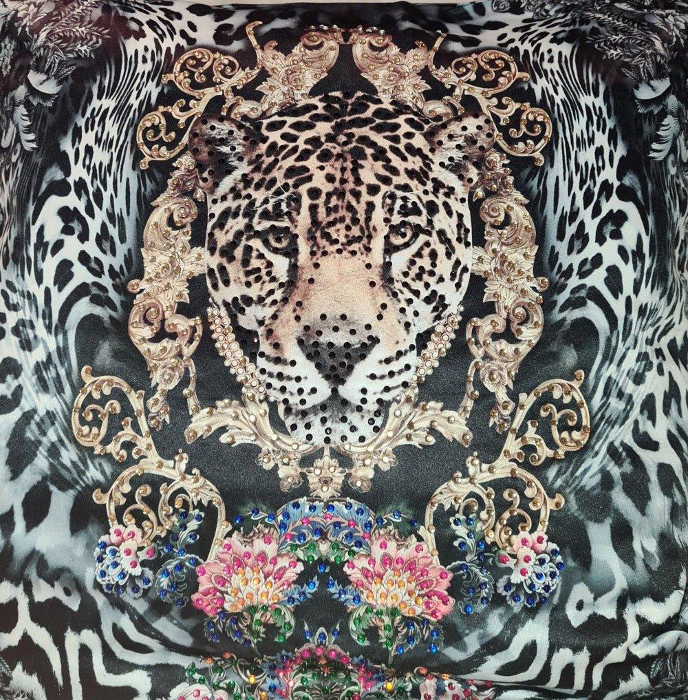 Large Square Embellished Silk Scarf Flaming Cheetah - Kaftans that Bling