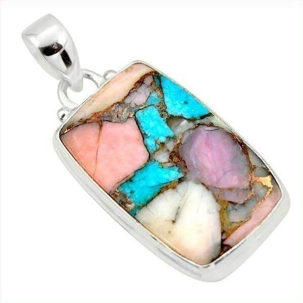 Natural pink opal & turquoise 925 sterling silver pendant - Kaftans that Bling