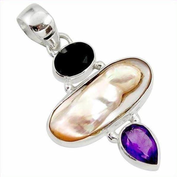 Natural white pearl, onyx, amethyst 925 sterling silver pendant - Kaftans that Bling