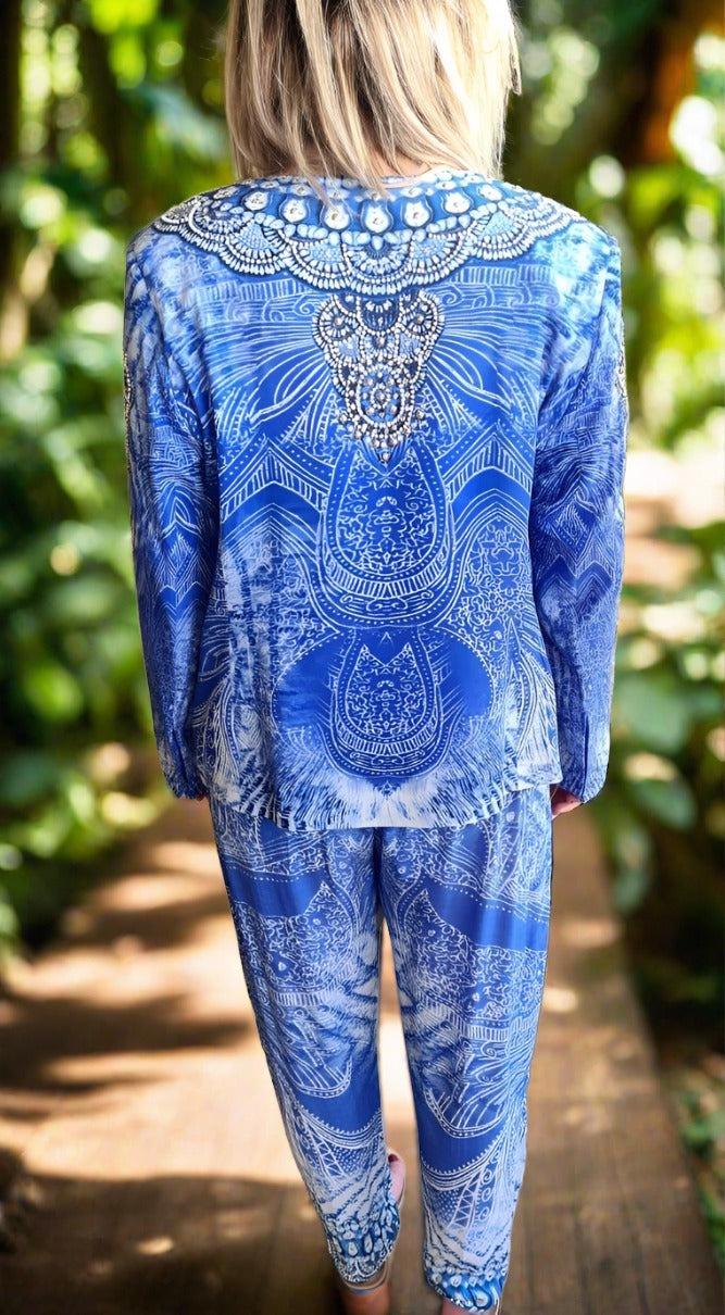 Short Silk Tailored Jacket with Beading - Amalfi Blue - Kaftans that Bling