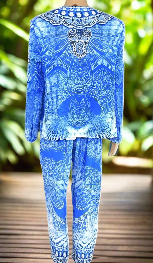 Short Silk Tailored Jacket with Beading - Amalfi Blue - Kaftans that Bling